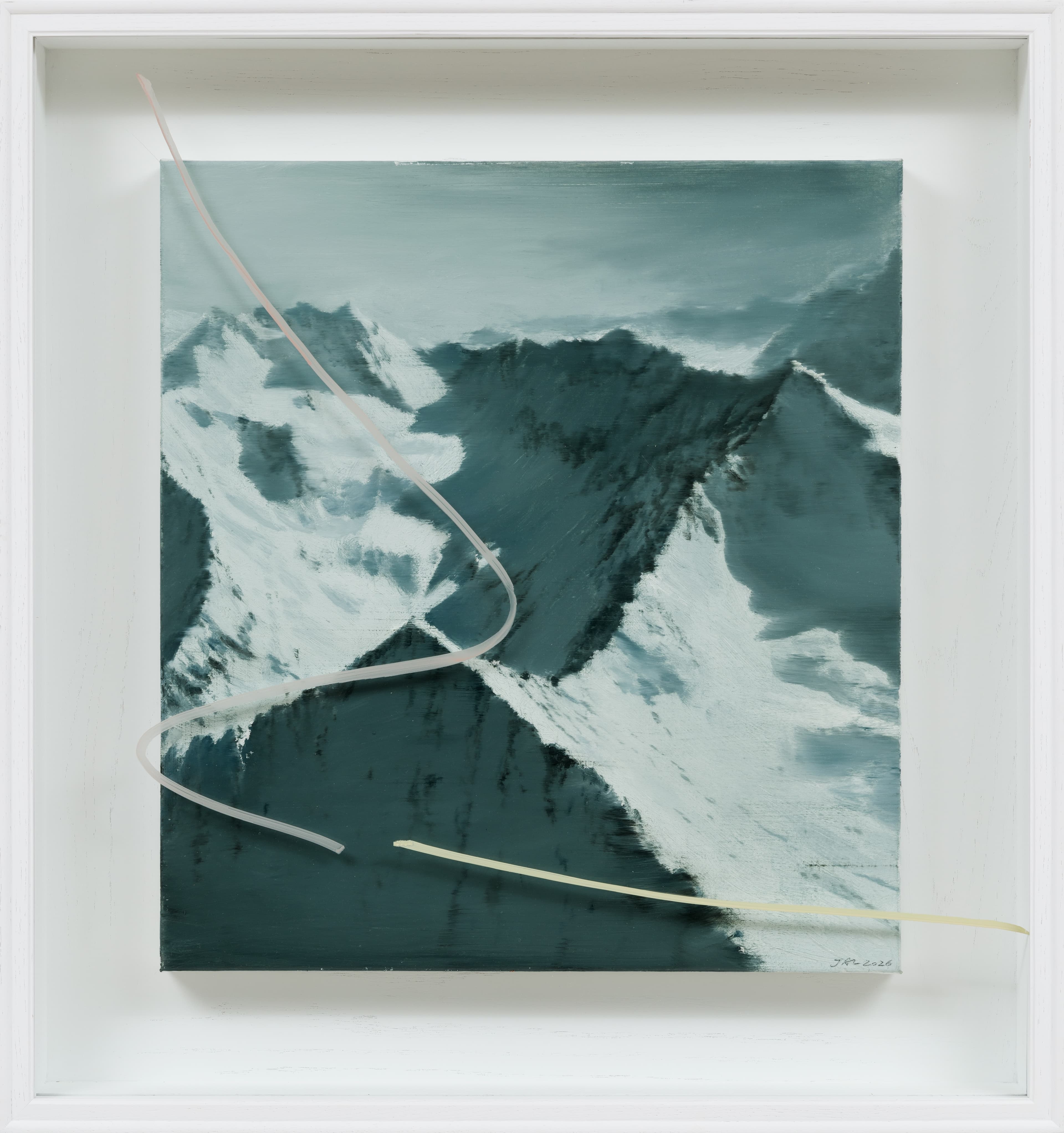 Jia Aili, Pink Curve, 2026. Oil on linen and acrylic pen on plexiglass, in artist’s frame, 32 ¾ × 30 ¾ × 4 ½ inches (83 × 78 × 11.5 cm) © Jia Aili Studio. Photo: Takeru Koroda