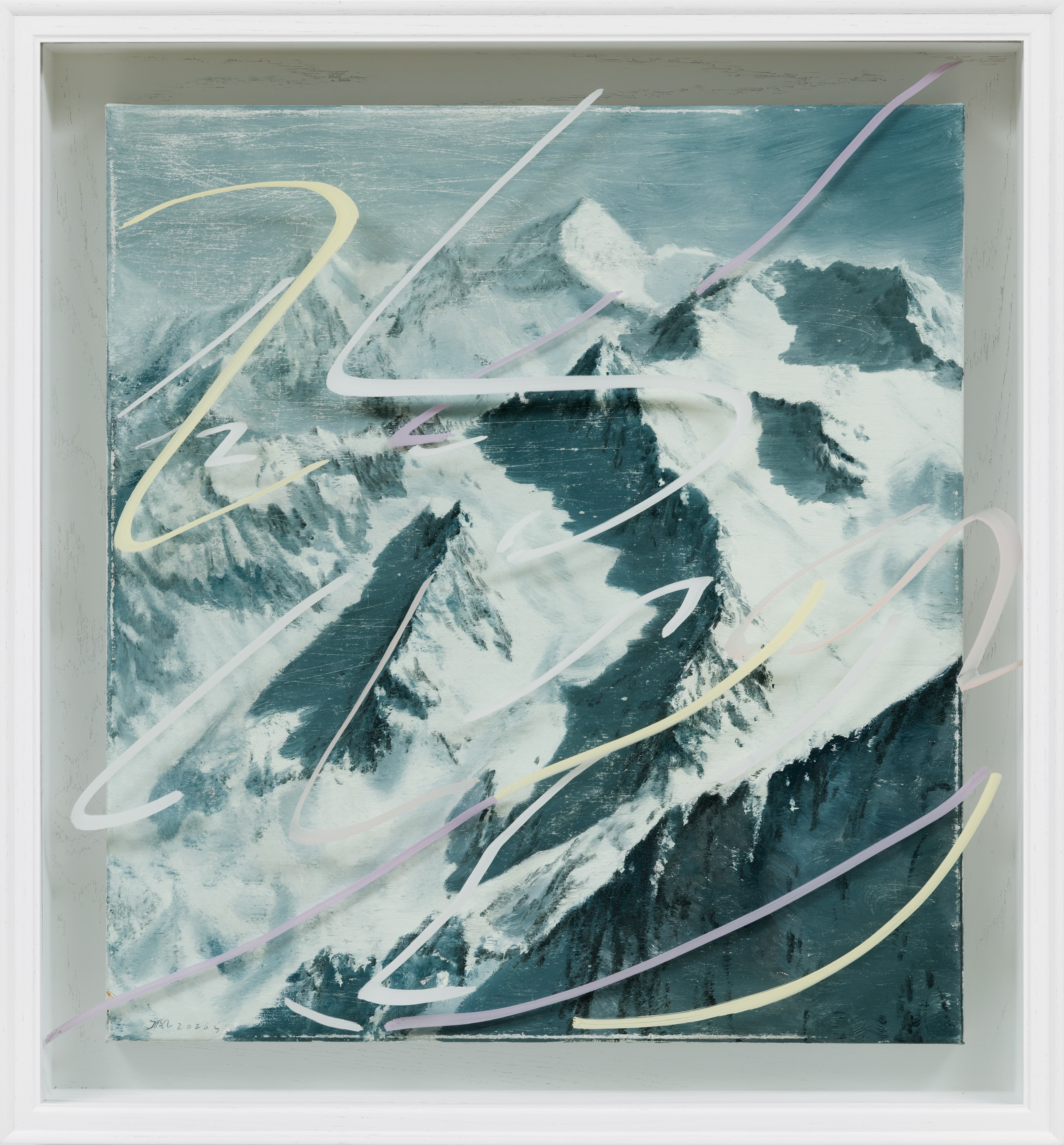 Jia Aili, All That Jazz, 2026. Oil on linen and acrylic pen on plexiglass, in artist’s frame, 28 ⅜ × 26 ½ × 4 ½ inches (72.1 × 67.1 × 11.5 cm) © Jia Aili Studio. Photo: Takeru Koroda
