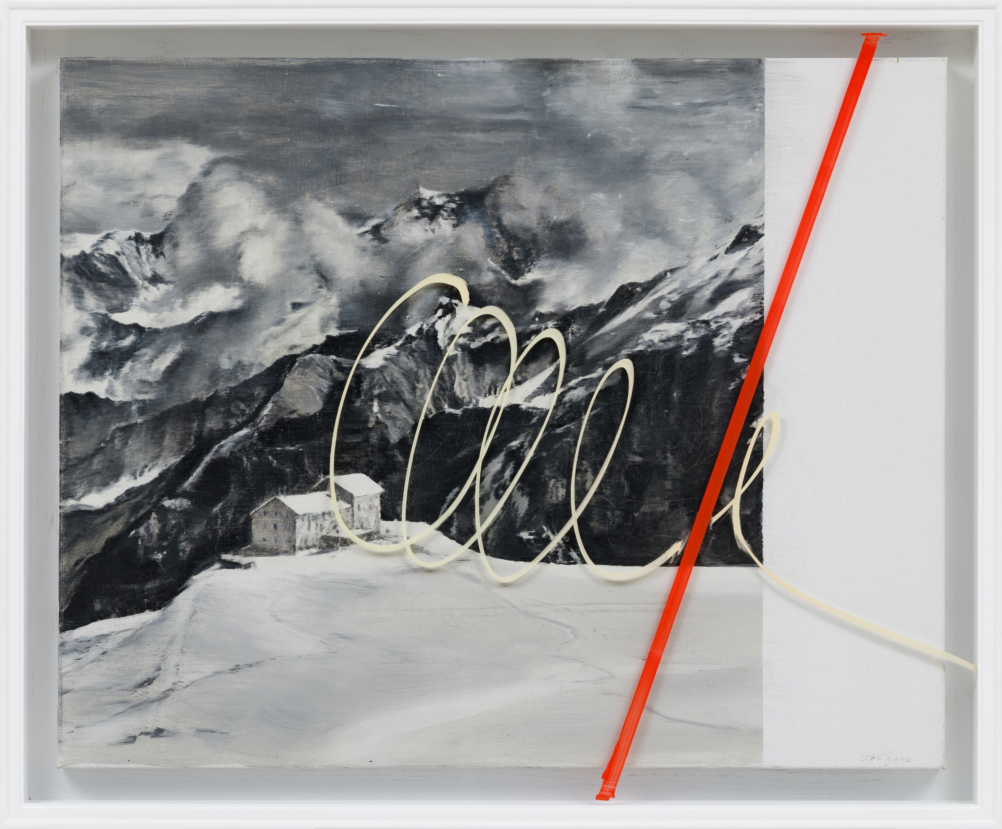 Jia Aili, Spiral, 2026. Oil on linen and acrylic pen on plexiglass, in artist’s frame, 36 ½ × 44 ⅜ × 3 ¾ inches (92.6 × 112.6 × 9.5 cm) © Jia Aili Studio. Photo: Takeru Koroda