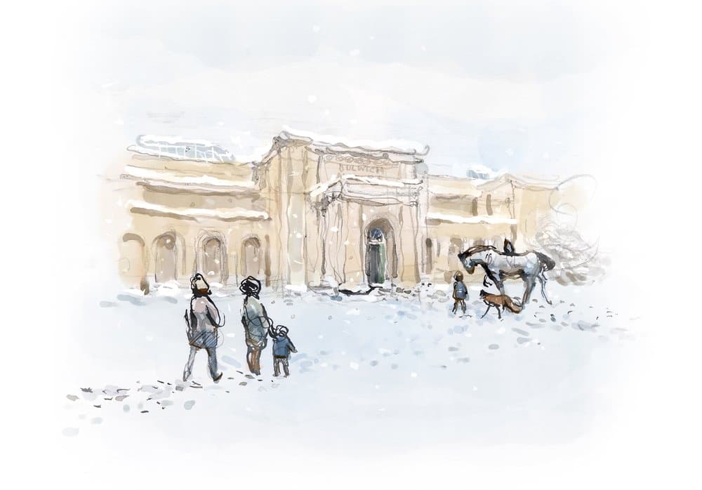 Charlie Mackesy illustration of Dulwich Picture Gallery in the snow
