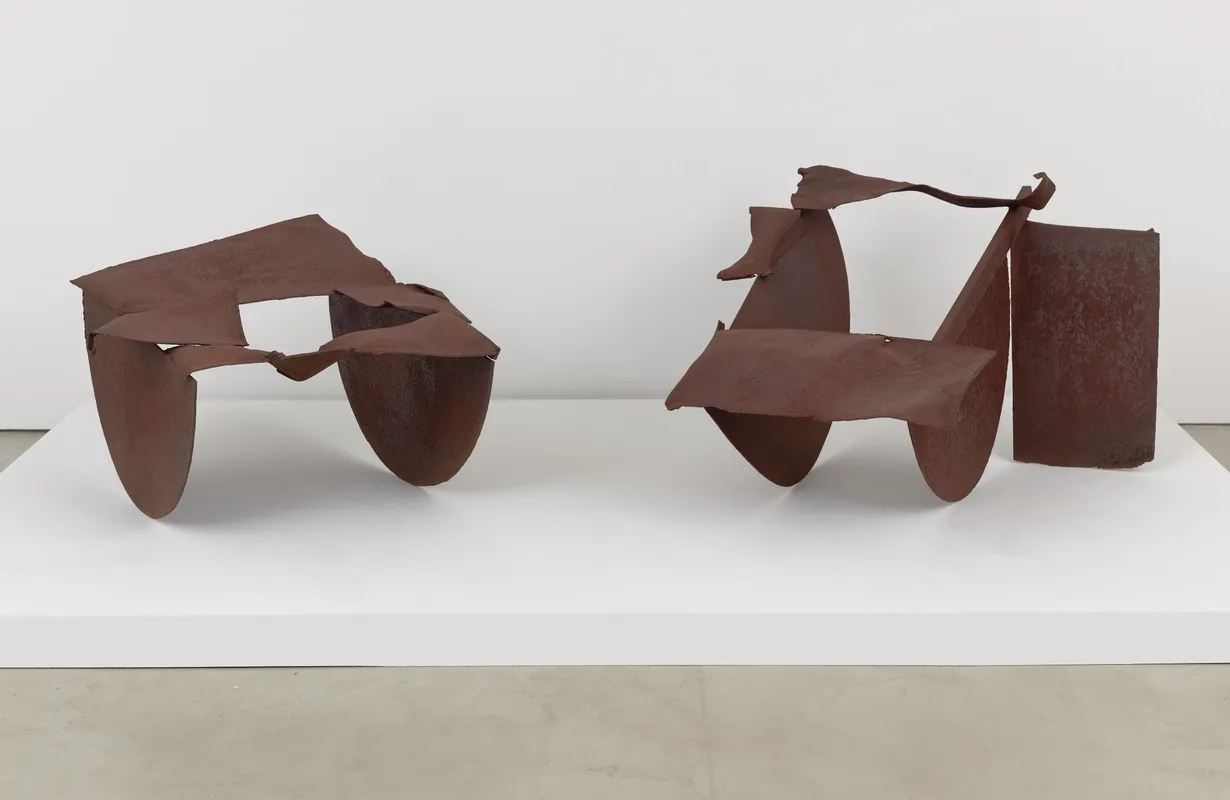 Melvin Edwards, A Conversation with Norman Lewis, 1979, welded steel Overall dimensions variable Part 1: 27 1/2 x 44 x 40 3/8 in (69.8 x 111.8 x 102.6 cm) Part 2: 32 1/2 x 42 1/2 x 53 3/4 in (82.5 x 108 x 136.5 cm)