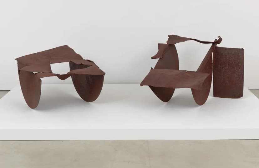 Melvin Edwards, A Conversation with Norman Lewis, 1979, welded steel Overall dimensions variable Part 1: 27 1/2 x 44 x 40 3/8 in (69.8 x 111.8 x 102.6 cm) Part 2: 32 1/2 x 42 1/2 x 53 3/4 in (82.5 x 108 x 136.5 cm)