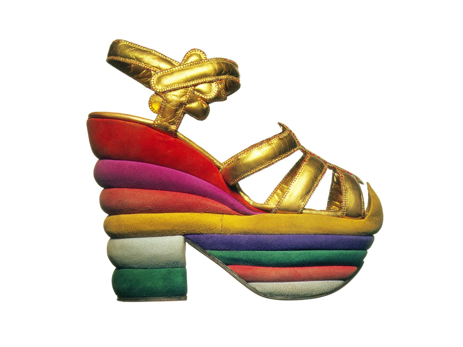 Salvatore Ferragamo, Shoe, Rainbow, 1938, suede, gilded leather, leather, cork. Courtesy Museo Ferragamo, Florence