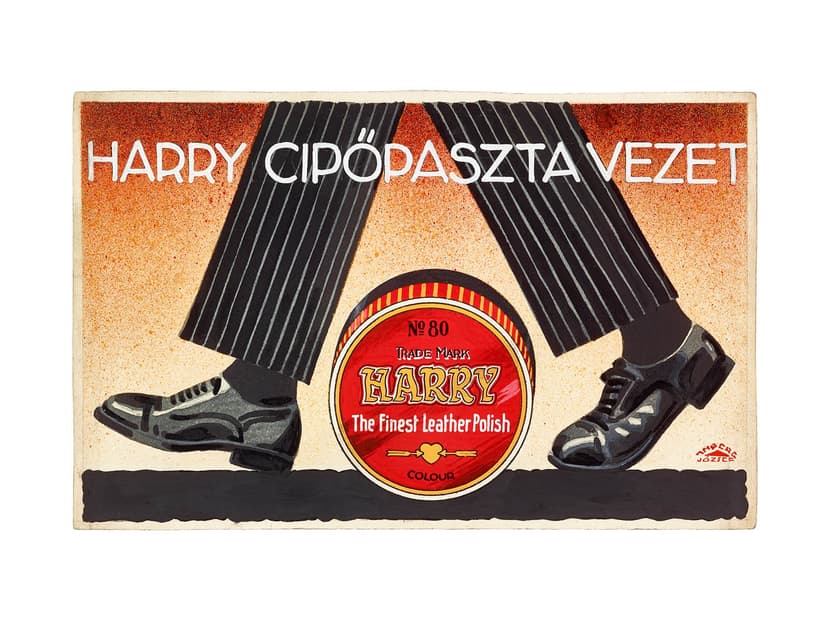 József Amberg, Design drawing, Harry cipőpaszta vezet [Harry Leads in Shoe Polish], c. 1928, gouache, watercolor, ink, and graphite on paper. The Wolfsonian–FIU, The Mitchell Wolfson, Jr. Collection