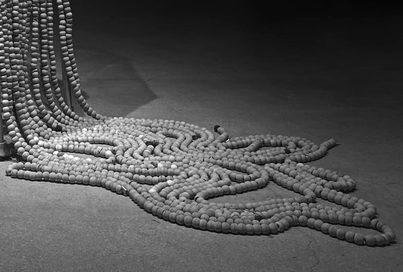 Luna Palazzolo-Daboul, sculpture of galvanized pipe and hand-cast cement beads, Of Ivory & Flesh, Primary, Miami, 2026