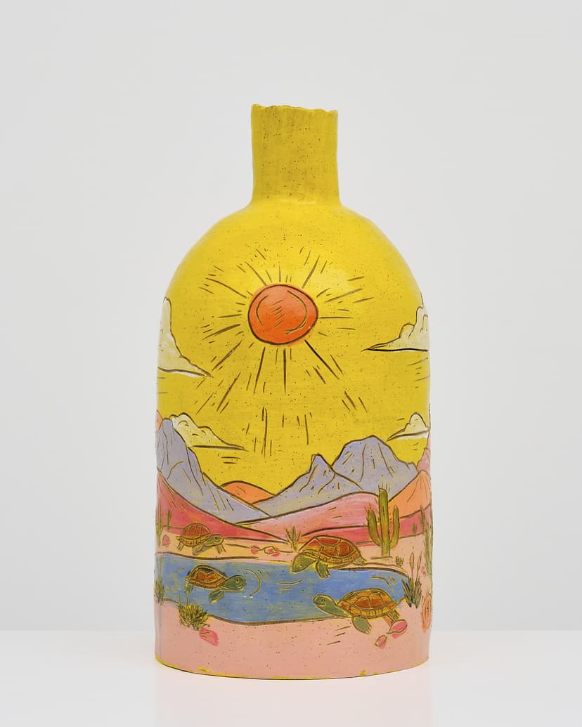 Adam D. Miller, Mojave Pot, 2026. Underglaze, glaze on ceramic, 25 x 12 x 12 in. Courtesy the artist and Gattopardo.