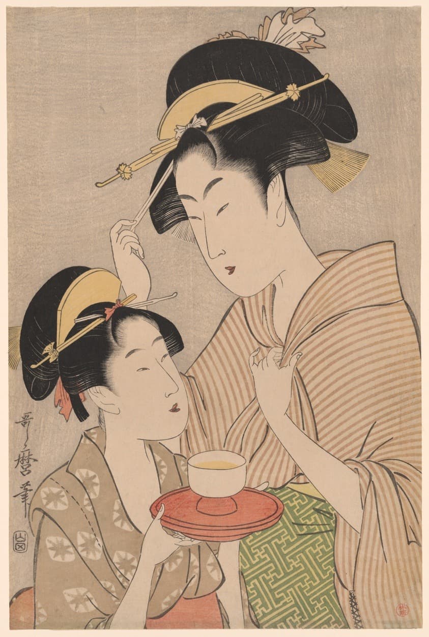 A Young Girl Offering Tea to Another Woman