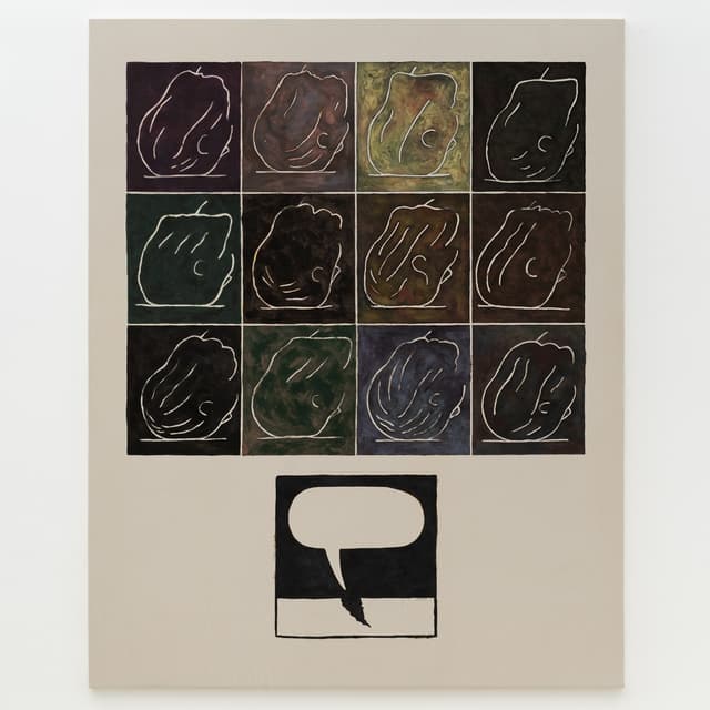 Gabriel Slavitt, The Word, 2024. House paint, chalk pastel, india ink & drywall mud on canvas. 108 x 86 3/4 x 1 5/8 inches.