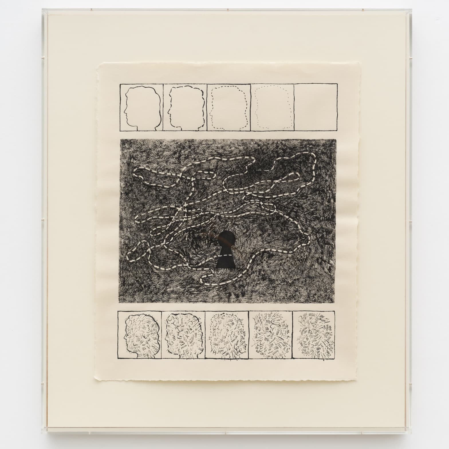 Gabriel Slavitt, Lock & Key, 2024. India ink on paper in artist's frame. 20 1/2 x 17 inches, unframed; 26 1/2 x 23 3/8 x 3 1/8 inches, framed.