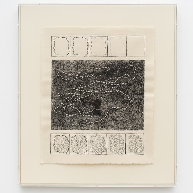 Gabriel Slavitt, Lock & Key, 2024. India ink on paper in artist's frame. 20 1/2 x 17 inches, unframed; 26 1/2 x 23 3/8 x 3 1/8 inches, framed.