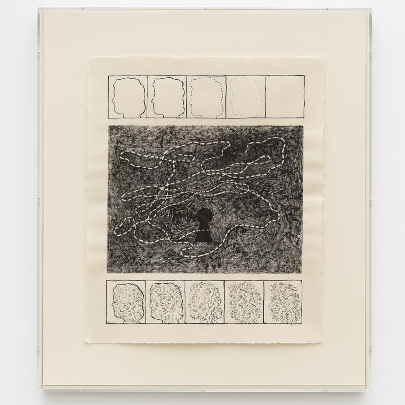 Gabriel Slavitt, Lock & Key, 2024. India ink on paper in artist's frame. 20 1/2 x 17 inches, unframed; 26 1/2 x 23 3/8 x 3 1/8 inches, framed.