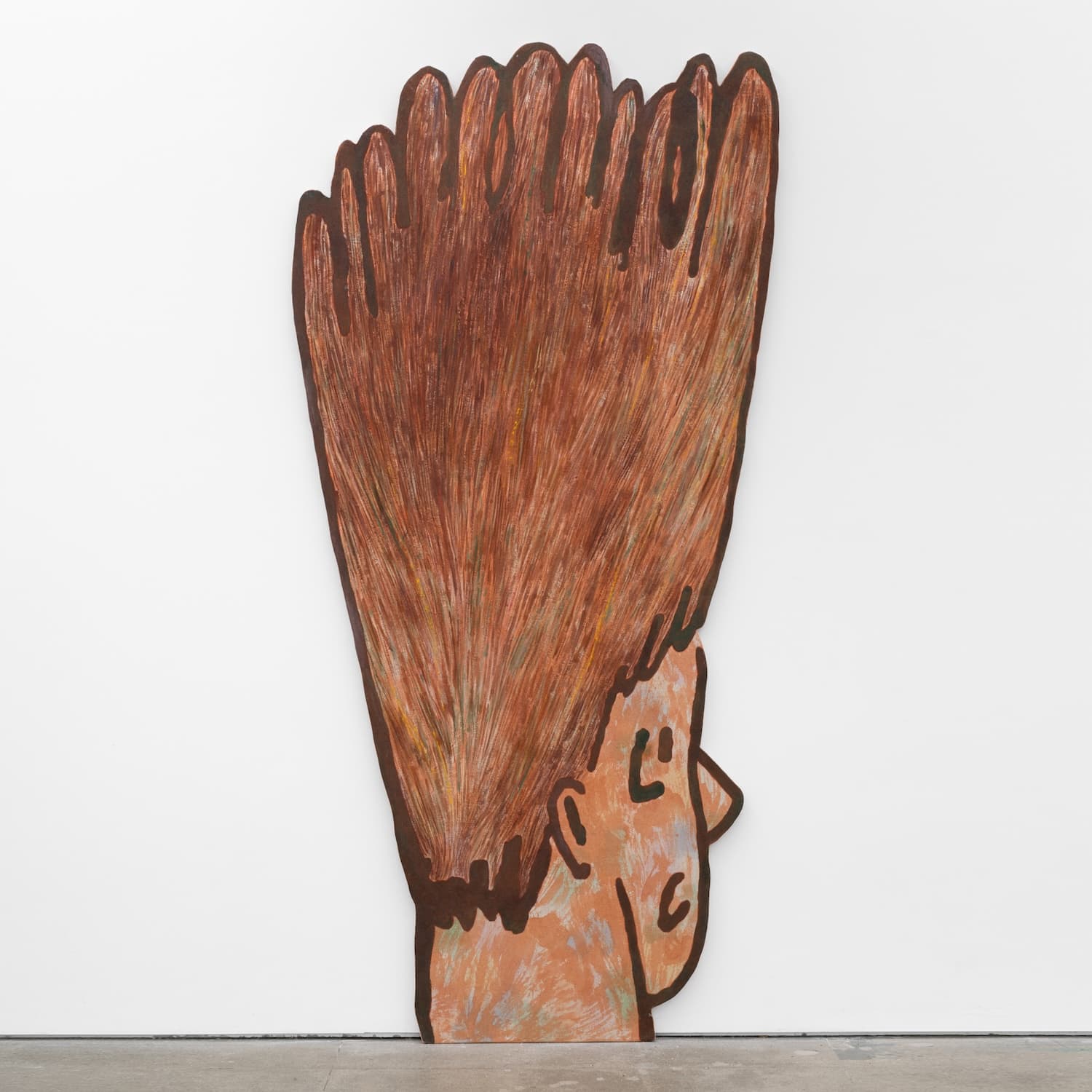 Gabriel Slavitt, Big Surprise, 2024. House paint, oil pastel, chalk pastel, drywall mud & india ink on canvas stretched over wood panel. 94 1/2 x 46 1/2 x 1 inches.