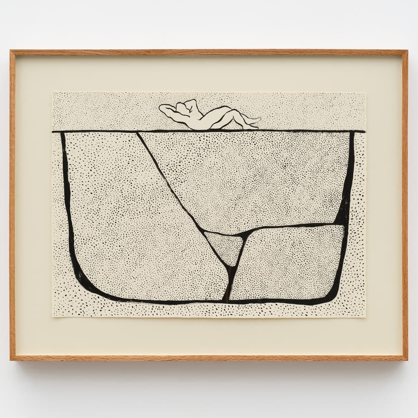 Gabriel Slavitt, Time Lost, 2024. India ink on paper in artist's frame. 19 x 26 1/4 inches, unframed; 26 x 33 1/4 x 2 1/2 inches, framed.