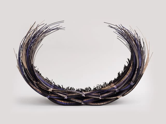 Land Sea Flight, 2025 dyed reed, cotton yarn 26 x 33 x 16 in. 66.04 x 83.82 x 40.64 cm