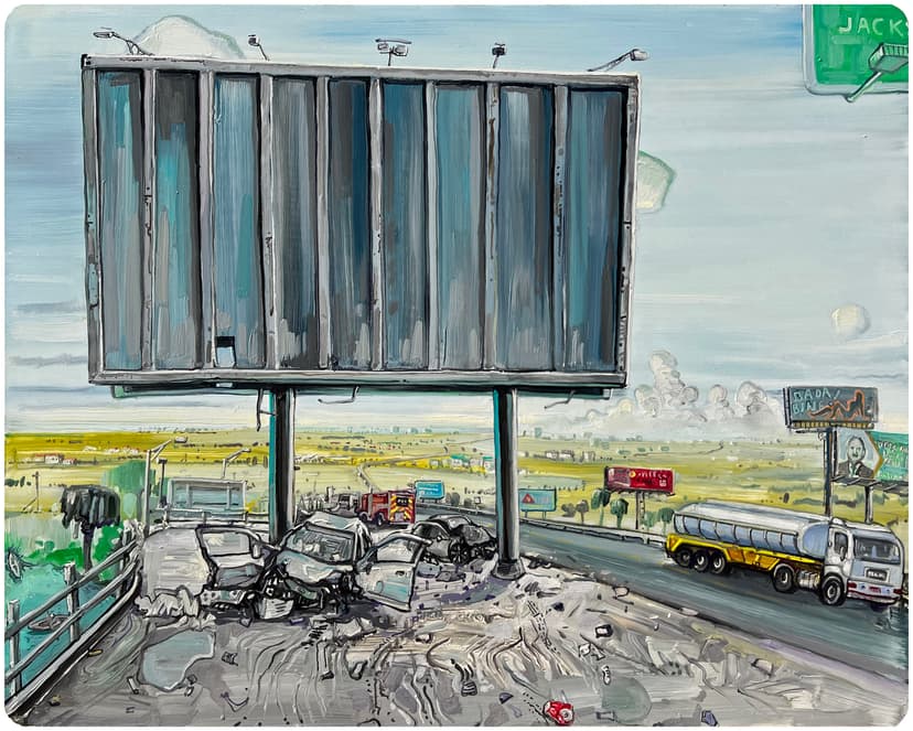 Amer Kobaslija, Billboard with Car Crash, 2024, Oil on aluminum, 20 x 25 in.