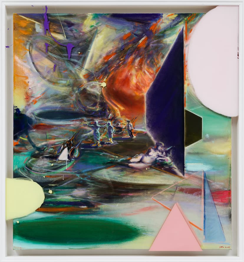 Jia Aili, Paradise, 2026. Oil on linen and acrylic pen on plexiglass, in artist’s frame, 56 ⅛ × 52 ¼ × 3 ⅝ inches (142.5 × 132.5 × 9 cm) © Jia Aili Studio. Photo: Takeru Koroda