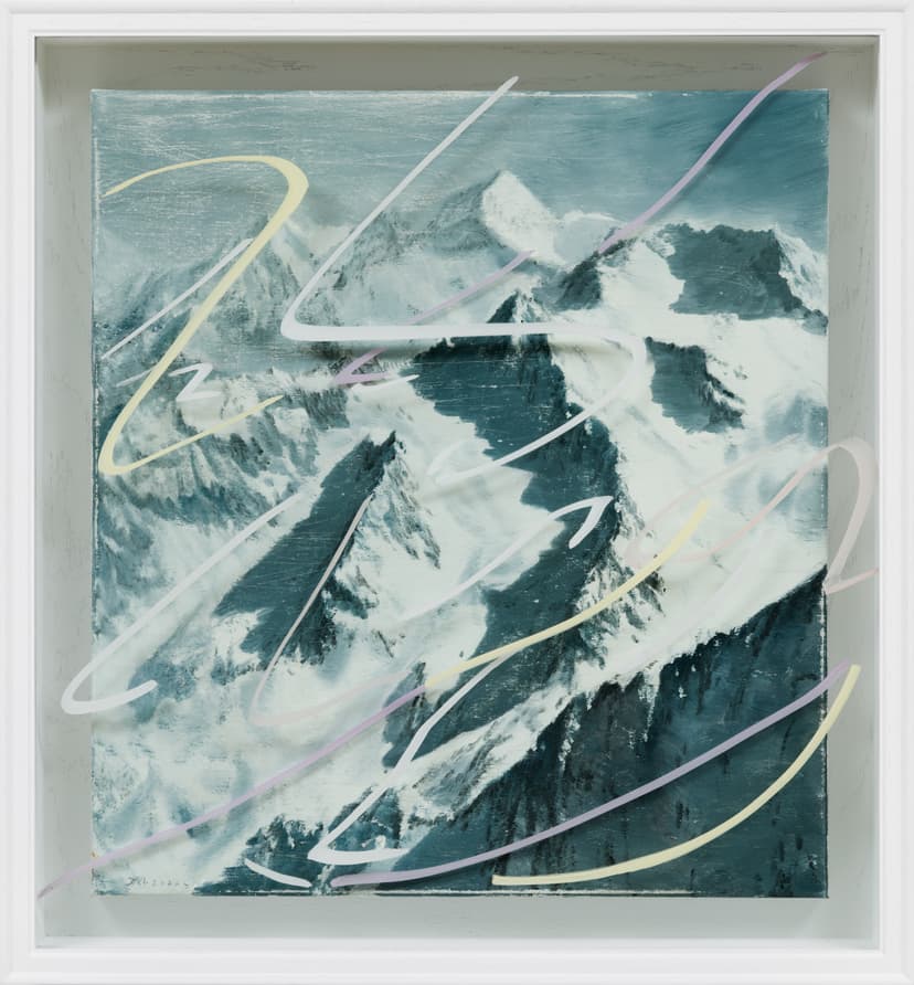 Jia Aili, All That Jazz, 2026. Oil on linen and acrylic pen on plexiglass, in artist’s frame, 28 ⅜ × 26 ½ × 4 ½ inches (72.1 × 67.1 × 11.5 cm) © Jia Aili Studio. Photo: Takeru Koroda