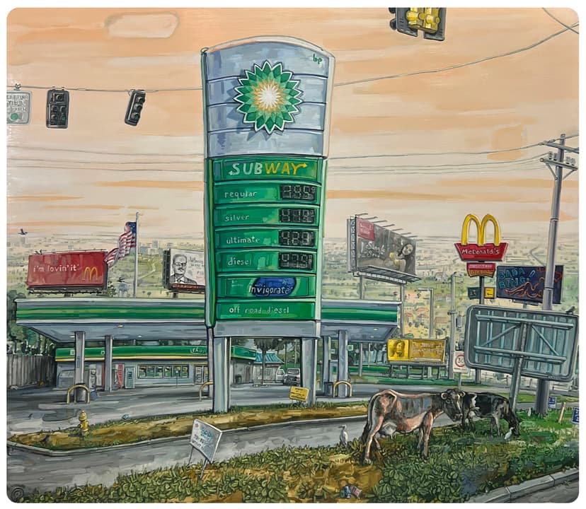 Amer Kobaslija, Cows Grazing (bp), 2024, Oil on aluminum, 20 x 23 in.