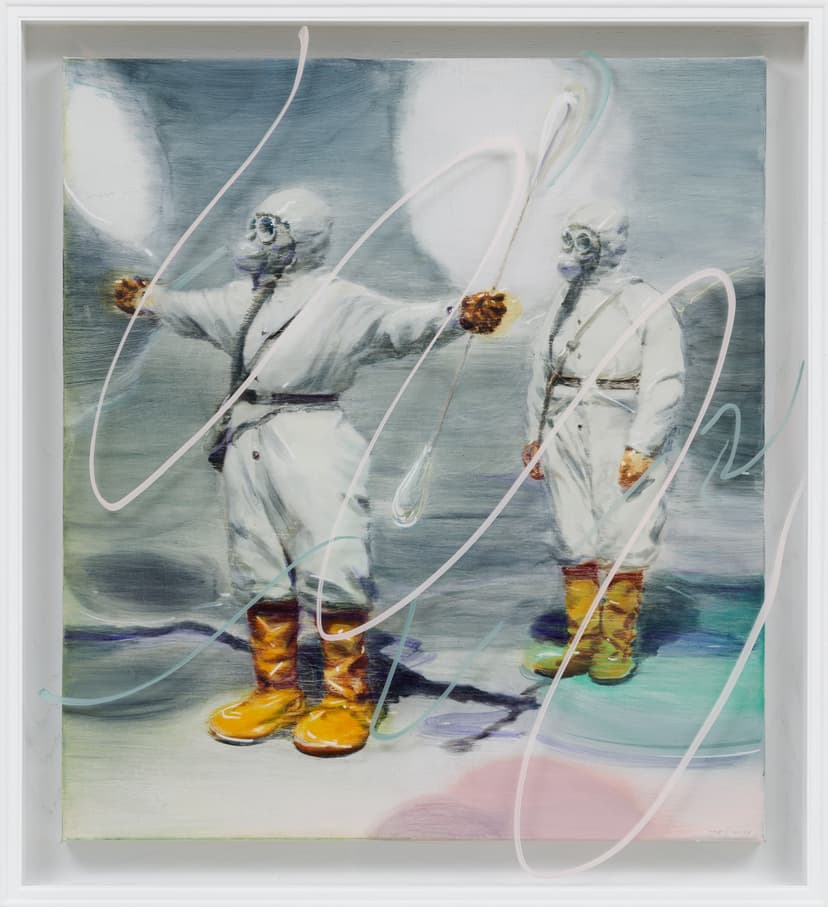 Jia Aili, Man in White, 2026. Oil on linen and acrylic pen on plexiglass, in artist’s frame, 45 ¼ × 41 ⅜ × 4 ¼ inches (115 × 105 × 10.8 cm) © Jia Aili Studio. Photo: Takeru Koroda