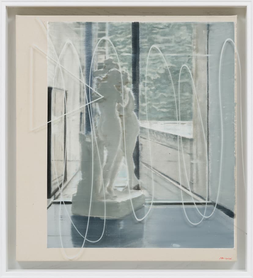Jia Aili, Wave-2, 2026. Oil on linen and acrylic pen on plexiglass, in artist’s frame, 44 ⅜ × 40 ⅜ × 4 ¾ inches (112.6 × 102.6 × 12 cm) © Jia Aili Studio. Photo: Takeru Koroda