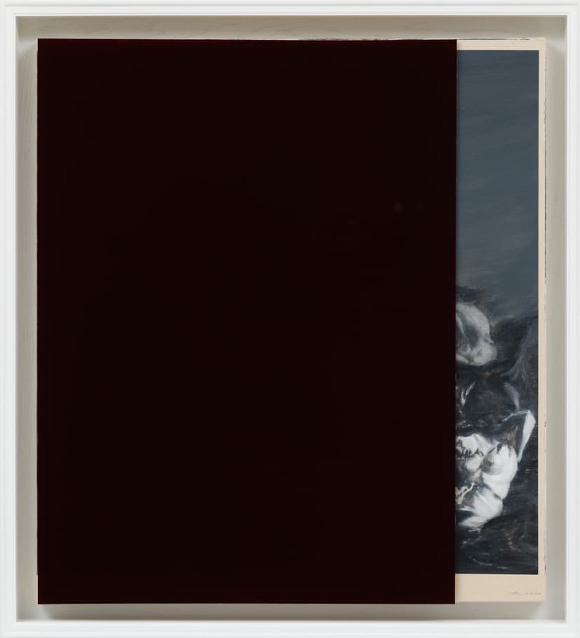 Jia Aili, The Barque of Dante, 2026. Oil on linen and acrylic pen on plexiglass, in artist’s frame, 44 ⅜ × 40 ⅜ × 3 ¾ inches (112.6 × 102.6 × 9.5 cm) © Jia Aili Studio. Photo: Takeru Koroda