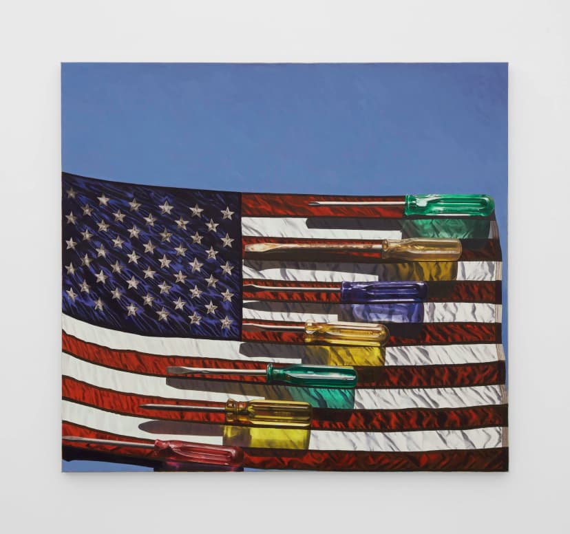 Adam Higgins, American Flag with Seven Screwdrivers, 2026. Oil on canvas, 47 x 43 in (109.2 x 119.3 cm)