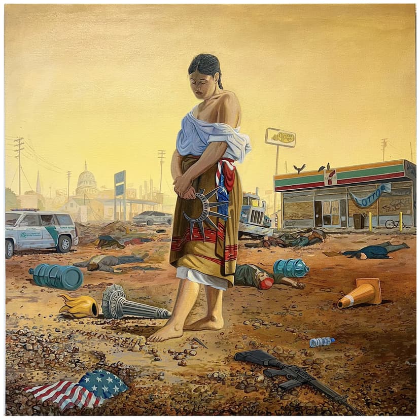 Sandow Birk, Liberty Among the Ruins of Democracy, 2026, acrylic on canvas, 40 x 40 in.
