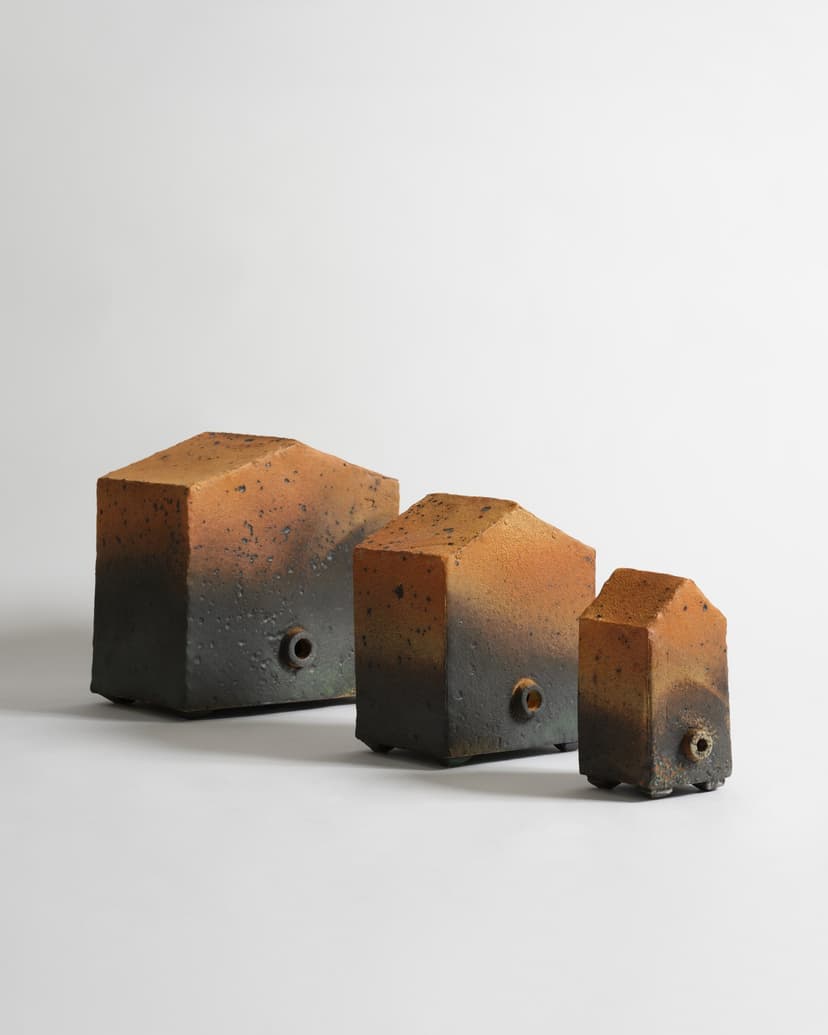 George Sherman, Nuclear Family, 2025, High-Fire Ceramic, Glaze, 14.5 H × 32.0 W × 14.0 D in.