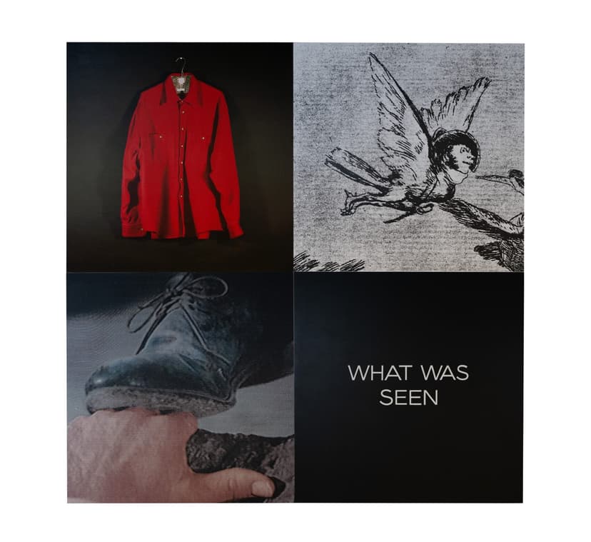 John Baldessari, Tetrad Series: What Was Seen, 1999, inkjet print on canvas; acrylic and enamel paint on canvas, in four parts, 94 × 94 in overall. Craig Robins Collection