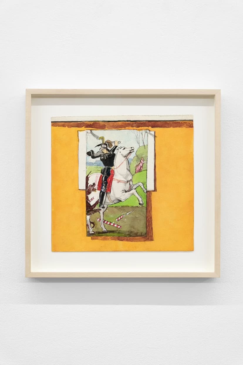 Miguel Ferrando, Untitled (Fighting Knight With Sword on White Horse), ca. 1990–1992. Gouache and watercolor on paper, 18 x 18 in. (Framed)