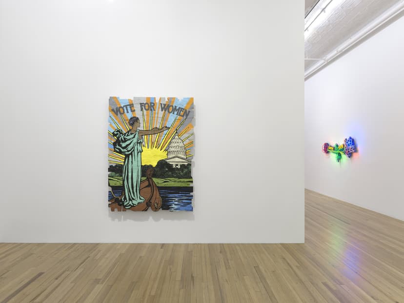 Installation view, Andrea Bowers: Democracy Needs Our Courage, Andrew Kreps Gallery, New York, 2026. Photo: Elisabeth Bernstein