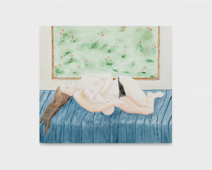 Tanya Merrill, Daybed at dawn, 2026, Oil and graphite on linen, 62 x 70 inches (157.5 x 177.8 cm)