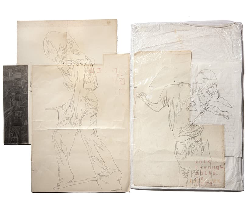 Phil Hale, Walk Through Walls or Don't (01), graphite on antique prints, photograph, cellophane bag, 28 x 28 in.