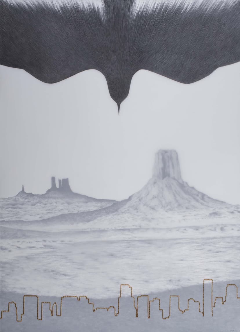 Arminée Chahbazian, Phoenix Falling, 2022, graphite and glass beads on paper and duralar