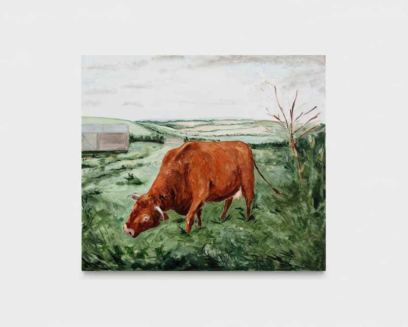 Tanya Merrill, A milking cow at Evelyn’s dairy, 2026, Oil and graphite on linen, 62 x 70 inches (157.5 x 177.8 cm)