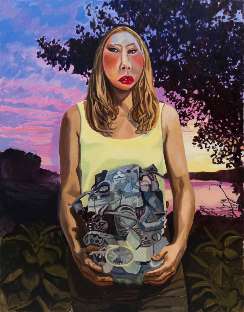 Jakub Tomáš, Girl with Engine, 2026. Oil on canvas. Courtesy the artist and Asya Geisberg Gallery