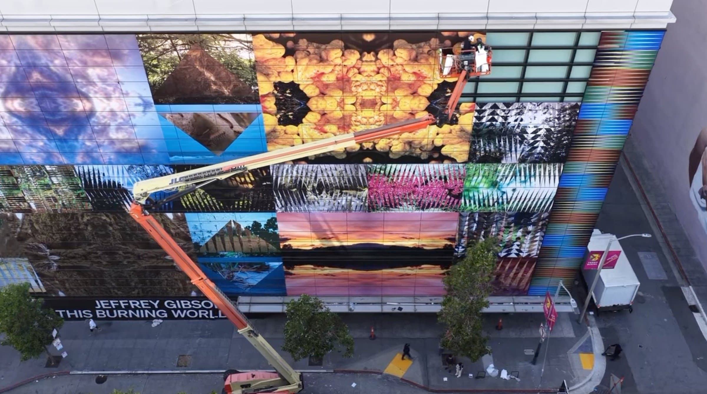 Jeffrey Gibson, THIS BURNING WORLD, 2026, drone footage of installation, ICA SF, San Francisco