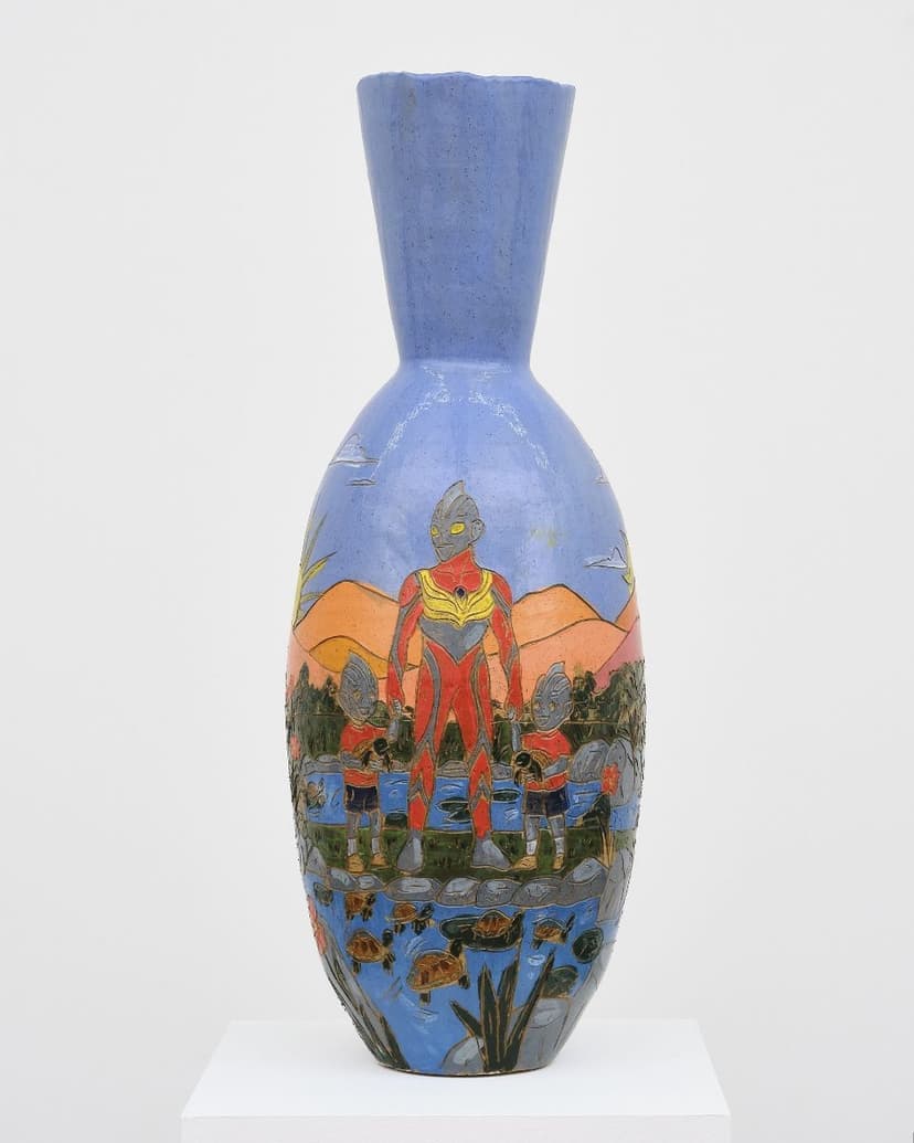 Adam D. Miller, Ultraman and Boys at the Turtle Pond, 2026. Underglaze, glaze, on stoneware, 15 3/8 x 5 1/2 x 5 1/2 in. Courtesy the artist and Gattopardo.