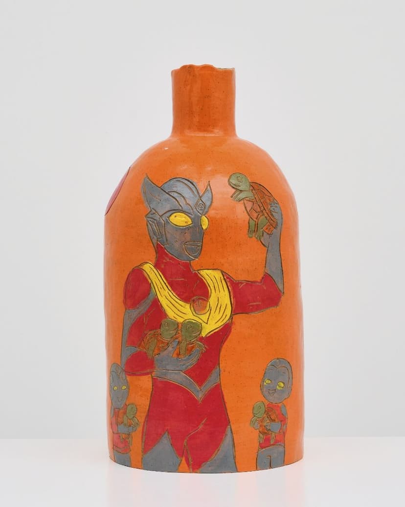 Adam D. Miller, Ultraman and Ultraboys Holding Turtles, 2026. Underglaze, glaze on ceramic, 24 x 12 x 12 in. Courtesy the artist and Gattopardo.