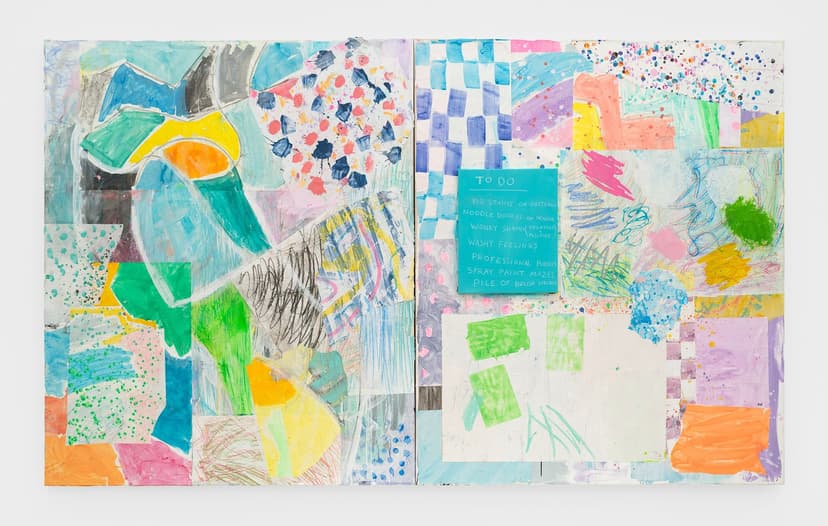 Scott Reeder, Untitled Studio Paintings #1 and #2 (with To Do List), 2026, Diptych: 72 × 120 inches (182.88 × 304.80 cm), Acrylic, collage, and pastel on canvas