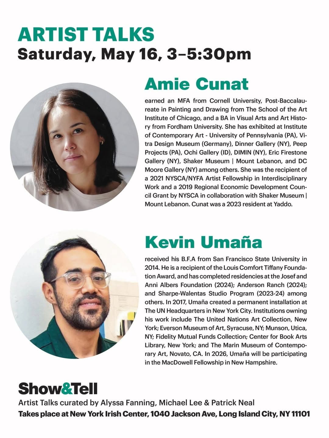 Artist Talks with Amie Cunat and Kevin Umana presented by Show and Tell Arts