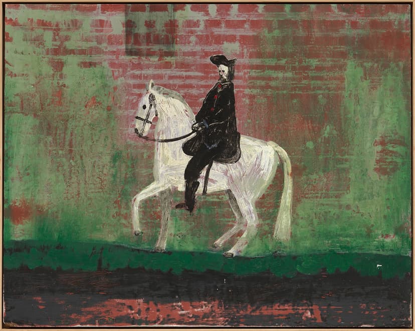 Danny Fox, rider and moss, 2026 acrylic on board mounted on panel, framed 24 3/8 x 30 3/4 in. (62 x 78 cm.)
